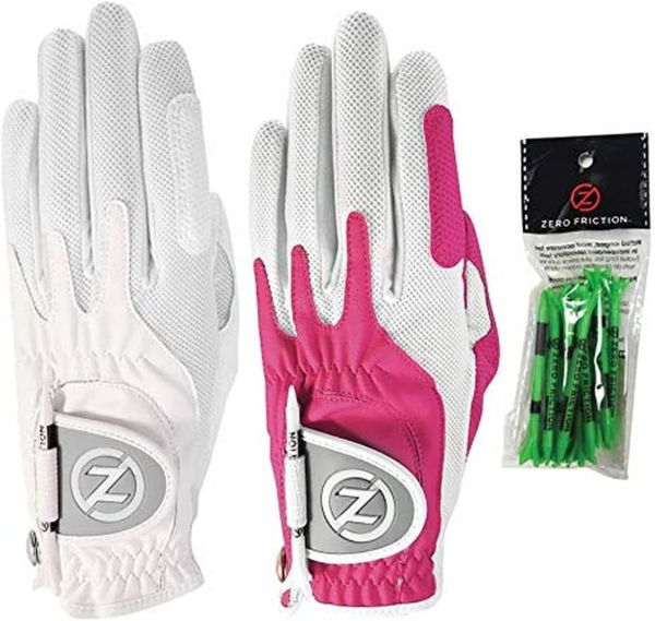 Zero Friction Ladies Compression-Fit Synthetic Golf Glove 2 Pack, Includes free tee pack, Universal-Fit