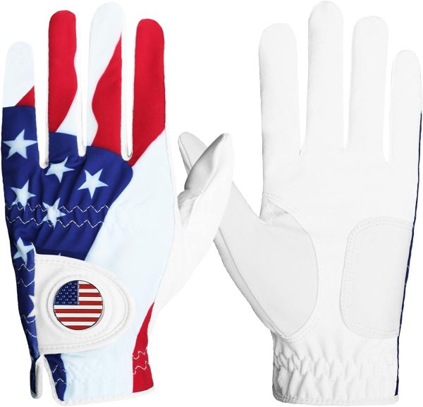 Finger Ten USA Flag Golf Glove - Premium Leather Left Hand Glove with Ball Marker