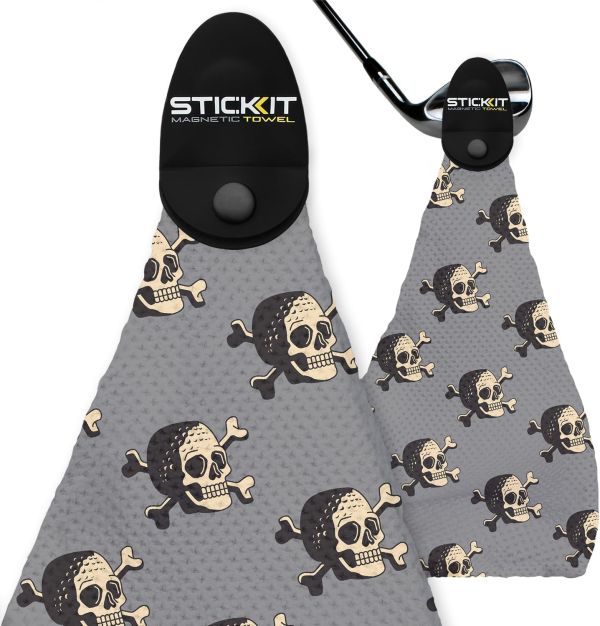 STICKIT Magnetic Golf Towel with Gray Skulls | Top-Tier Microfiber Golf Towel with Deep Waffle Pockets | Industrial Strength Magnet for Strong Hold to Golf Carts or Clubs