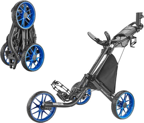 CaddyTek 3 Wheel Golf Push Cart - Foldable Collapsible Lightweight Pushcart with Foot Brake - Easy to Open & Close