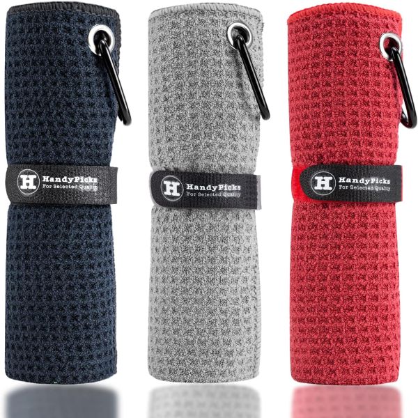 Handy Picks Microfiber Golf Towel (16  X 16 ) with Carabiner Clip, Waffle Pattern Hook and Loop Fastener - The Convenient Golf Cleaning Towel Black/Grey/Red